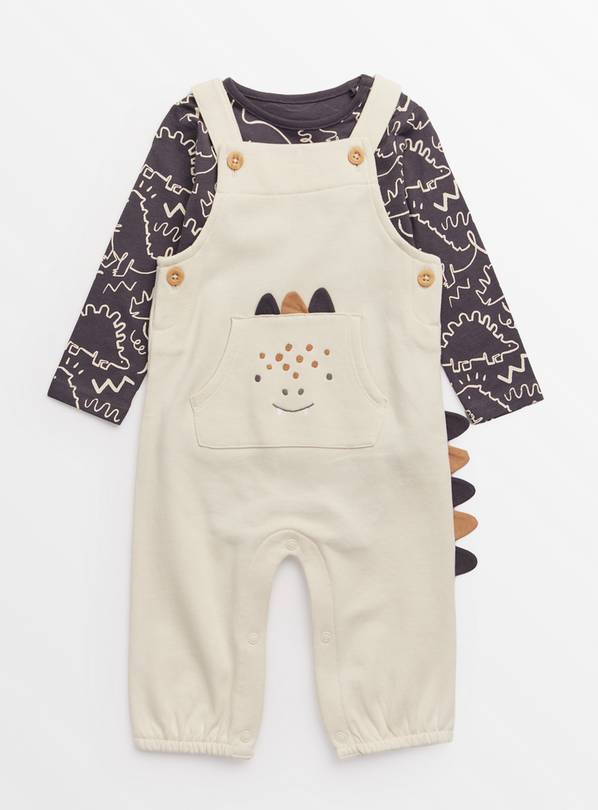 Charcoal Dinosaur Print Bodysuit & Cream Dungarees Set 12-18 months